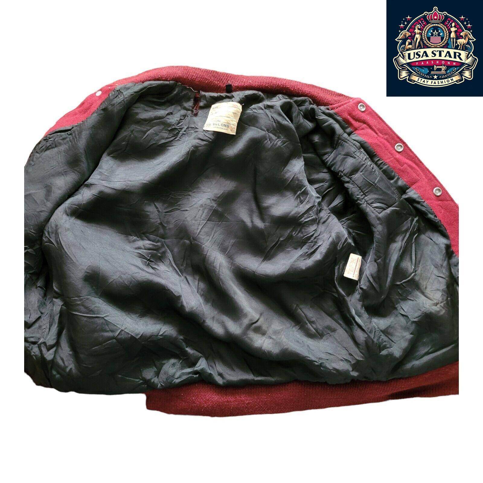Delong Vintage Varsity Jacket - Long Sleeve Leather Wool, Size S, Durable & Stylish Design - USASTARFASHION