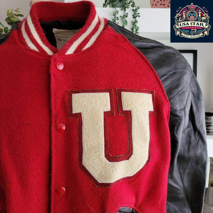 Delong Vintage Varsity Jacket - Long Sleeve Leather Wool, Size S, Durable & Stylish Design - USASTARFASHION