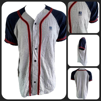 IHC Logo Badger Sportwear Baseball Jersey Gray Navy Button-Up XL Made in USA - USASTARFASHION