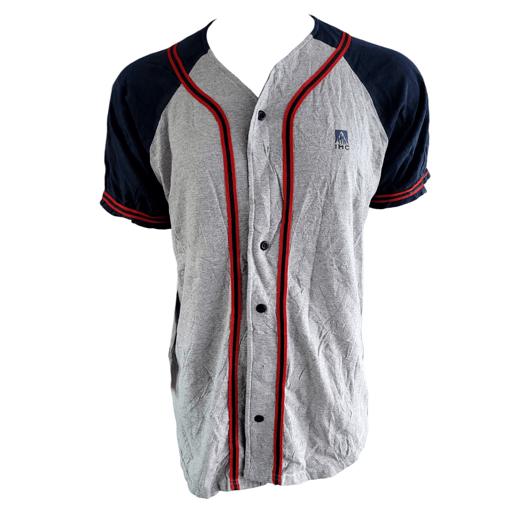 IHC Logo Badger Sportwear Baseball Jersey Gray Navy Button-Up XL Made in USA - USASTARFASHION