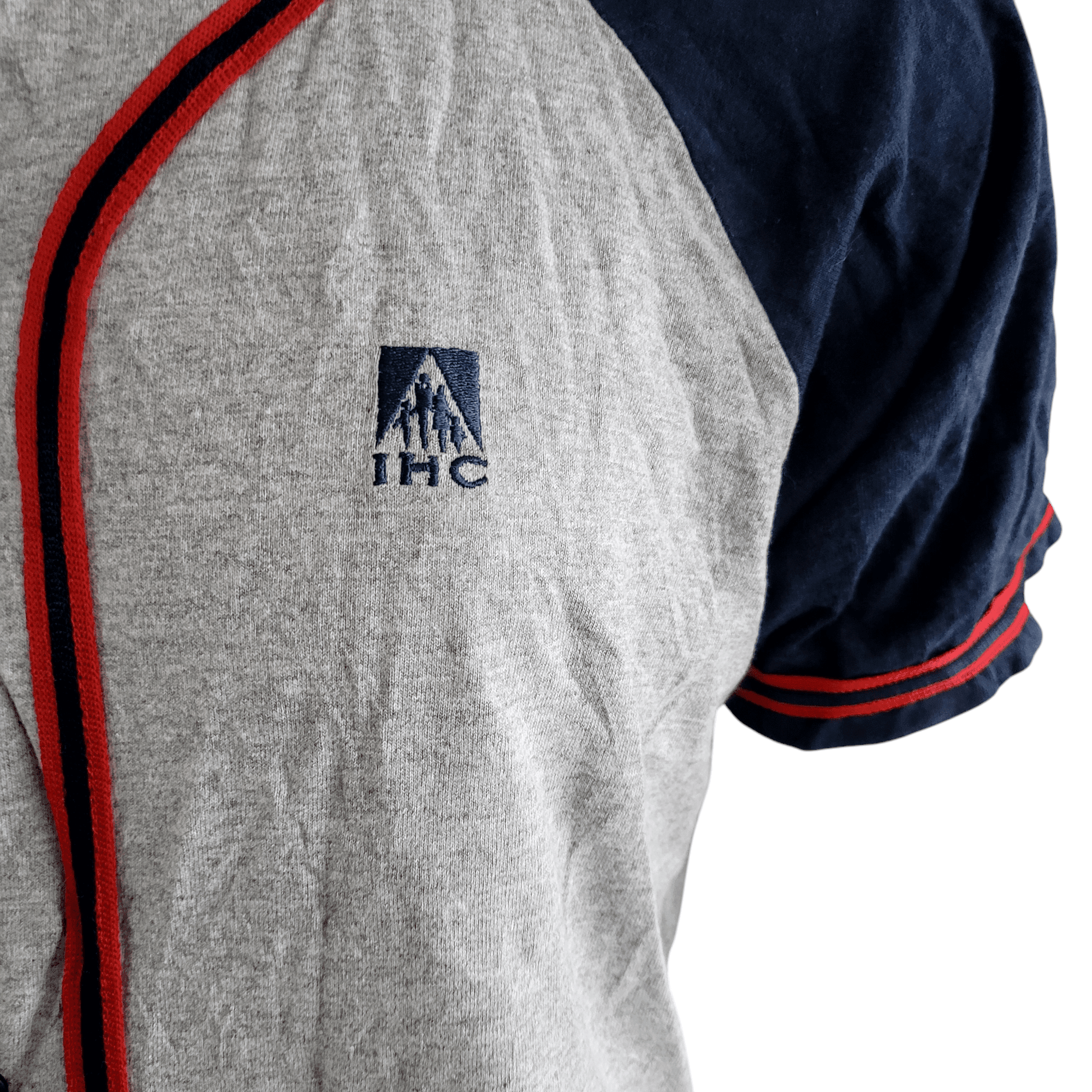 IHC Logo Badger Sportwear Baseball Jersey Gray Navy Button-Up XL Made in USA - USASTARFASHION