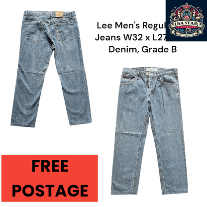 Lee Men's Regular Fit Jeans W32 x L27 in Blue Denim, Comfortable, Durable Everyday Wear - USASTARFASHION