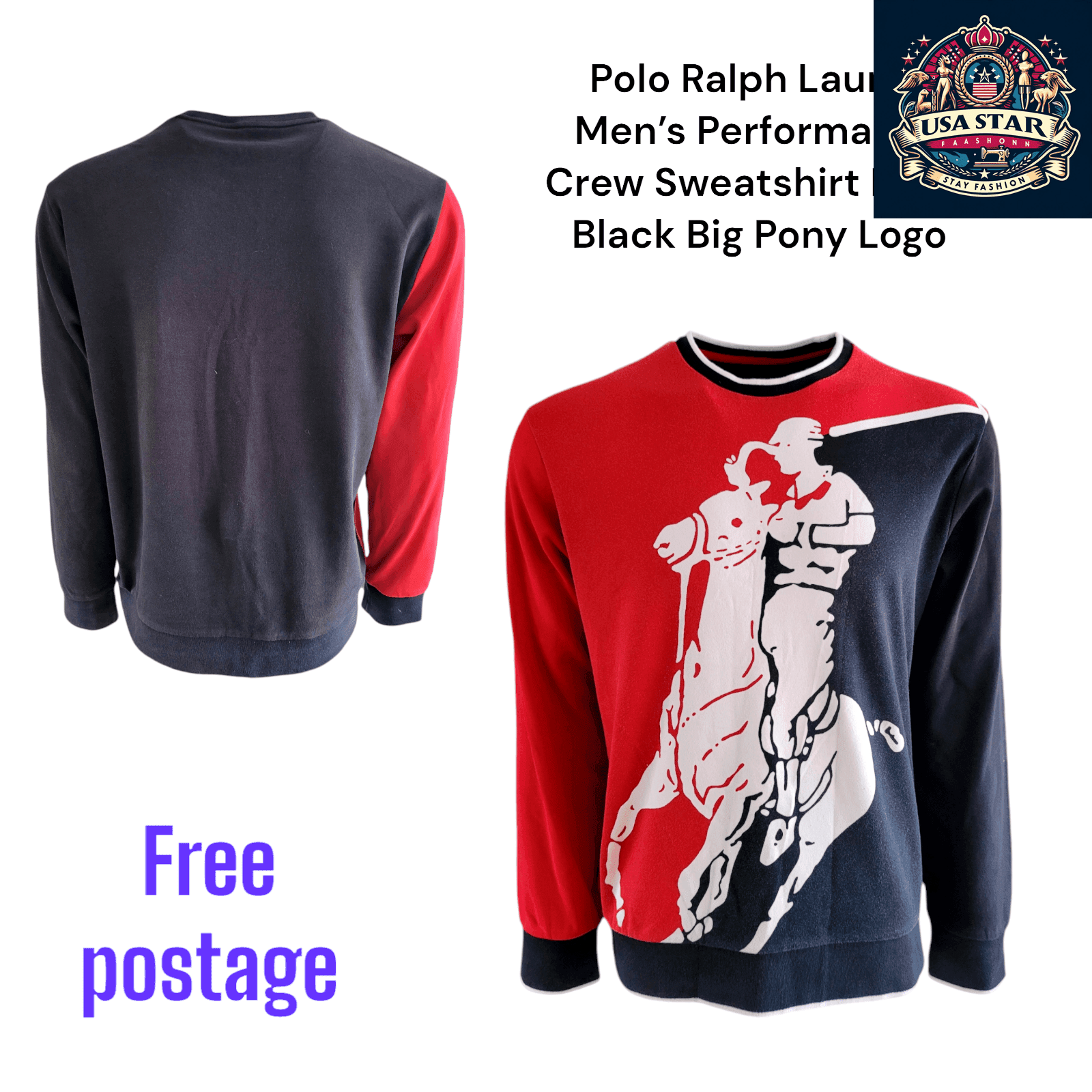 Polo Ralph Lauren Sweatshirt Men's Performance Crew in Red/Black with Big Pony Logo, Moisture - Wicking - USASTARFASHION