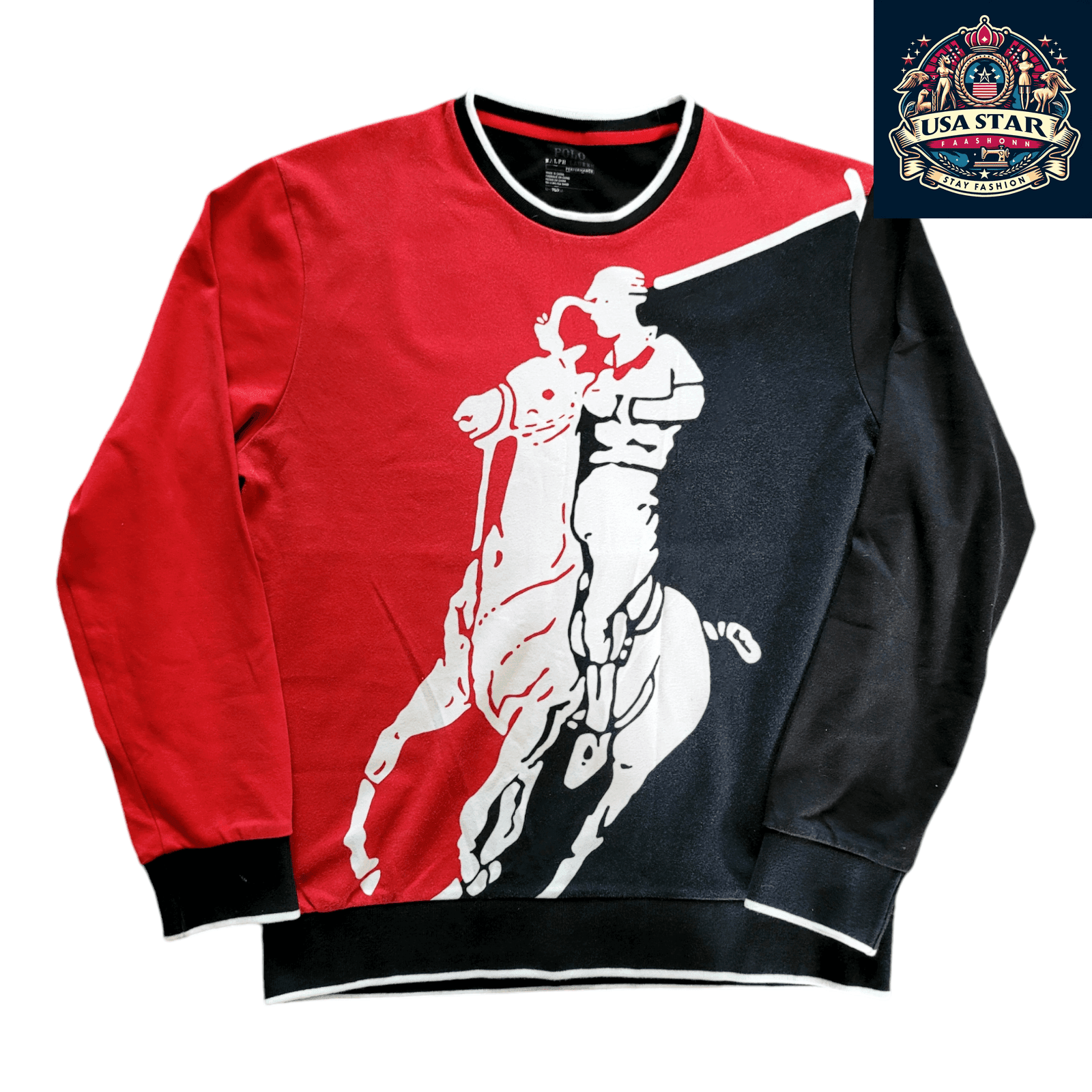 Polo Ralph Lauren Sweatshirt Men's Performance Crew in Red/Black with Big Pony Logo, Moisture - Wicking - USASTARFASHION