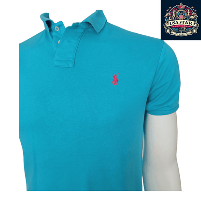 Ralph Lauren Men's Custom Fit Polo Shirt Turquoise Size M 100% Cotton Short Sleeve - USASTARFASHION
