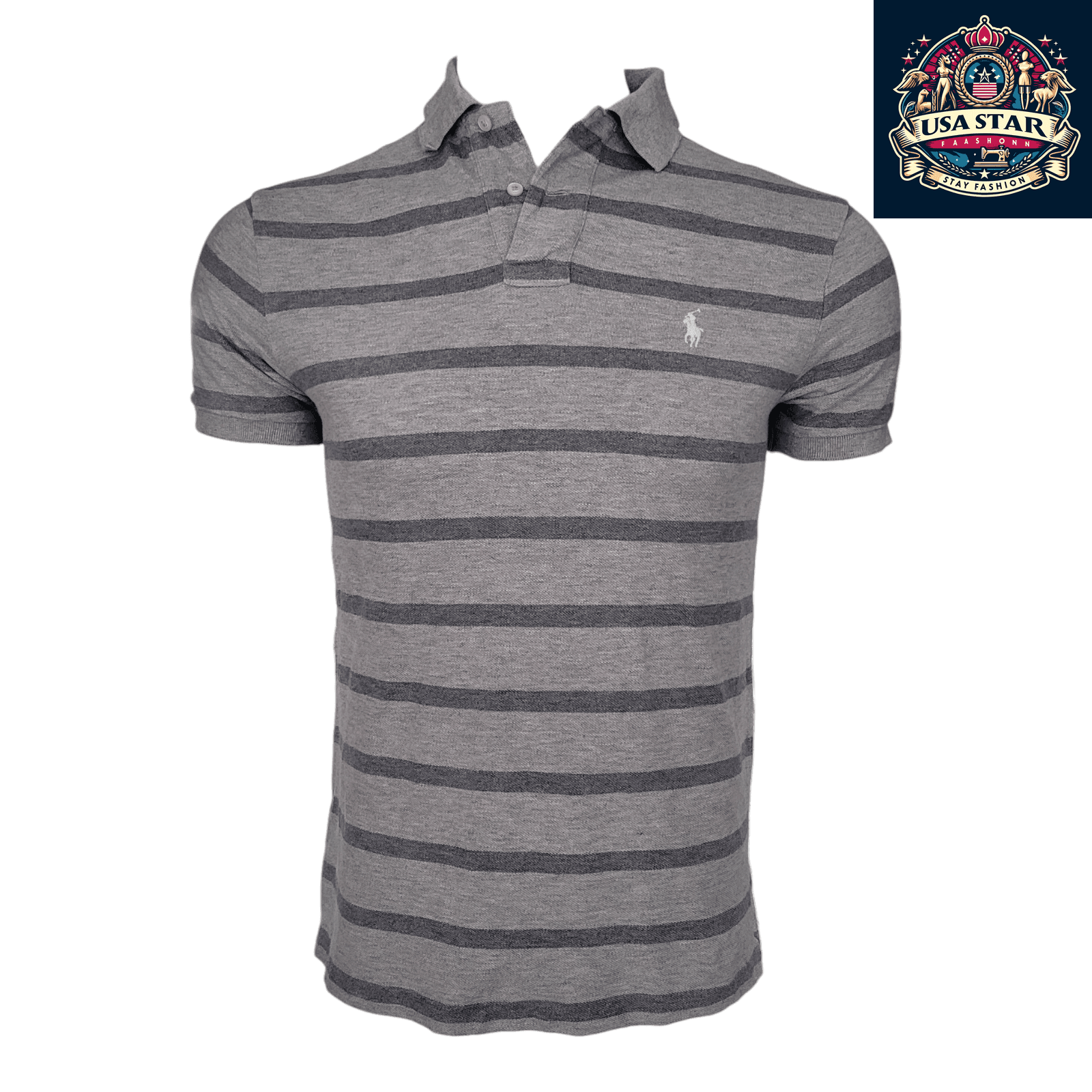 Ralph Lauren Polo Shirt Gray Striped, Men’s Custom Fit, Size S, Short Sleeve Cotton Quality - USASTARFASHION