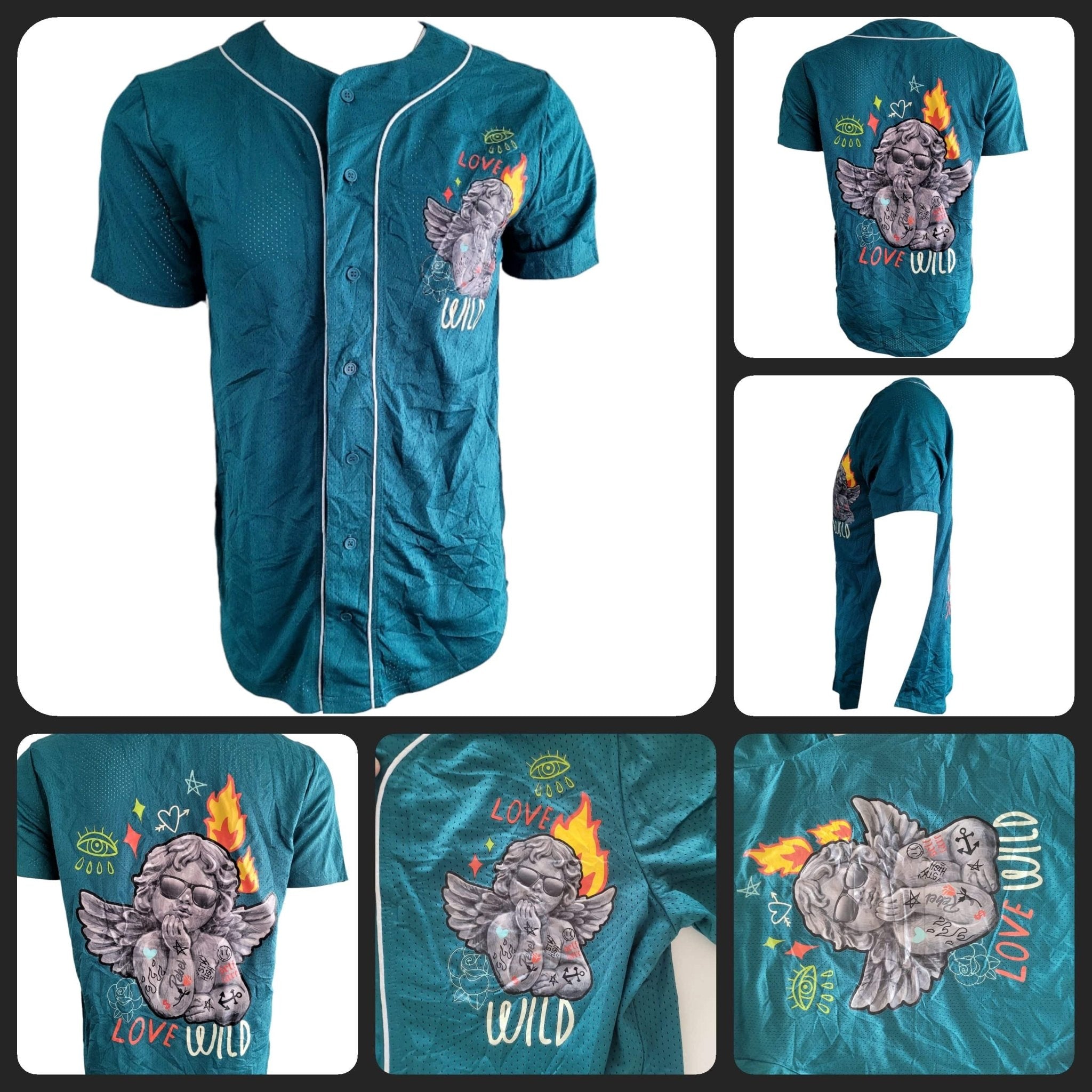 Rue21 Teal Button - Up Jersey - "Love Wild" Graphic Design | Medium Size Jersey for Trendy Style - USASTARFASHION