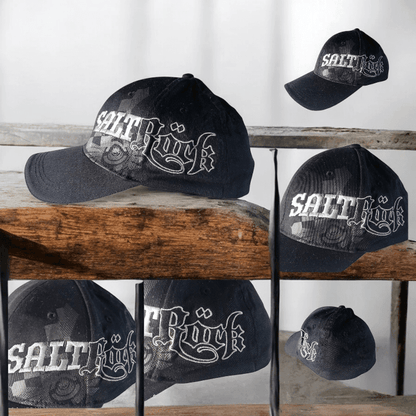 Saltrock Snapback Cap - Black Elastic - Fit With Embroidered Gothic Script Logo, One Size Fits Most - USASTARFASHION