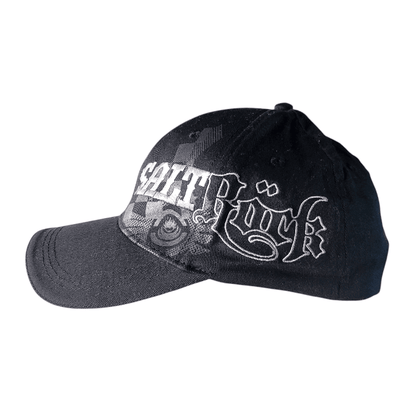 Saltrock Snapback Cap - Black Elastic - Fit With Embroidered Gothic Script Logo, One Size Fits Most - USASTARFASHION
