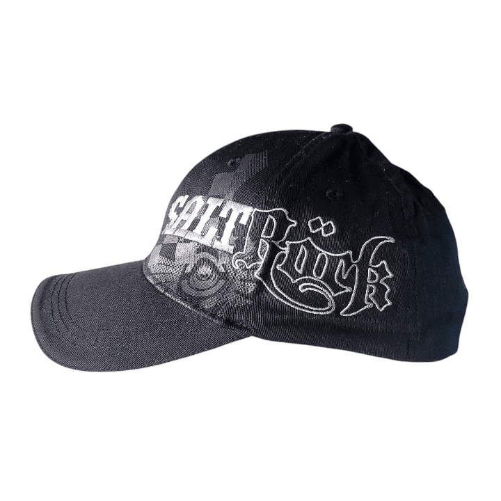 Saltrock Snapback Cap - Black Elastic - Fit With Embroidered Gothic Script Logo, One Size Fits Most - USASTARFASHION