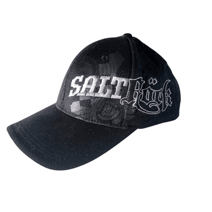Saltrock Snapback Cap - Black Elastic - Fit With Embroidered Gothic Script Logo, One Size Fits Most - USASTARFASHION