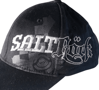 Saltrock Snapback Cap - Black Elastic - Fit With Embroidered Gothic Script Logo, One Size Fits Most - USASTARFASHION