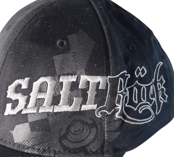 Saltrock Snapback Cap - Black Elastic - Fit With Embroidered Gothic Script Logo, One Size Fits Most - USASTARFASHION
