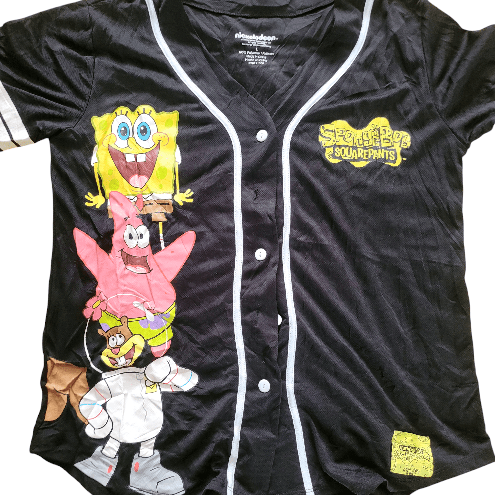 SpongeBob SquarePants Jersey Shirt Large Black with Fun Graphics Featuring SpongeBob and Patrick - USASTARFASHION
