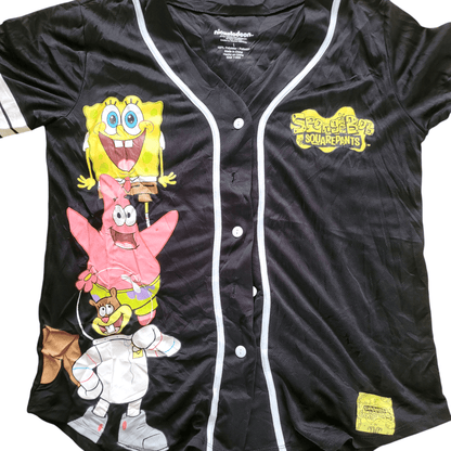 SpongeBob SquarePants Jersey Shirt Large Black with Fun Graphics Featuring SpongeBob and Patrick - USASTARFASHION