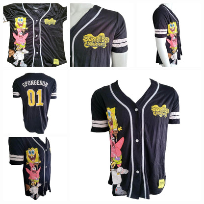SpongeBob SquarePants Jersey Shirt Large Black with Fun Graphics Featuring SpongeBob and Patrick - USASTARFASHION
