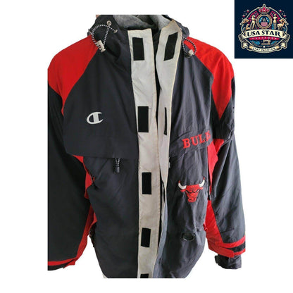 Vintage Champion Chicago Bulls Full - Zip Jacket Size L with Pockets and Embroidered Badges - USASTARFASHION
