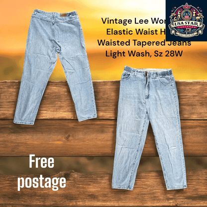 Vintage Lee Women's Jeans Light Wash High - Waisted Tapered Style With Elastic Waist, Size 28W - USASTARFASHION