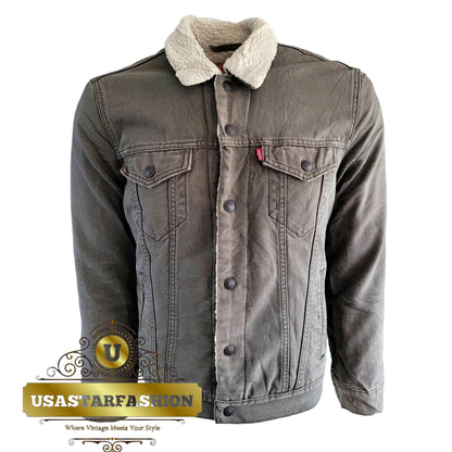 Vintage Levi’s Sherpa Trucker Jacket – Olive Green, Size M - USASTARFASHION