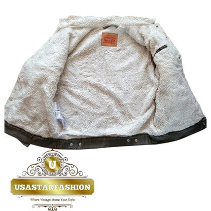 Vintage Levi’s Sherpa Trucker Jacket – Olive Green, Size M - USASTARFASHION