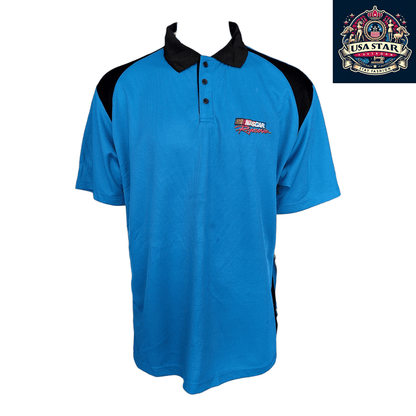 Vintage NASCAR Polo Shirt - Men's Size M, Blue, 100% Polyester, Checkered Flag Design - USASTARFASHION
