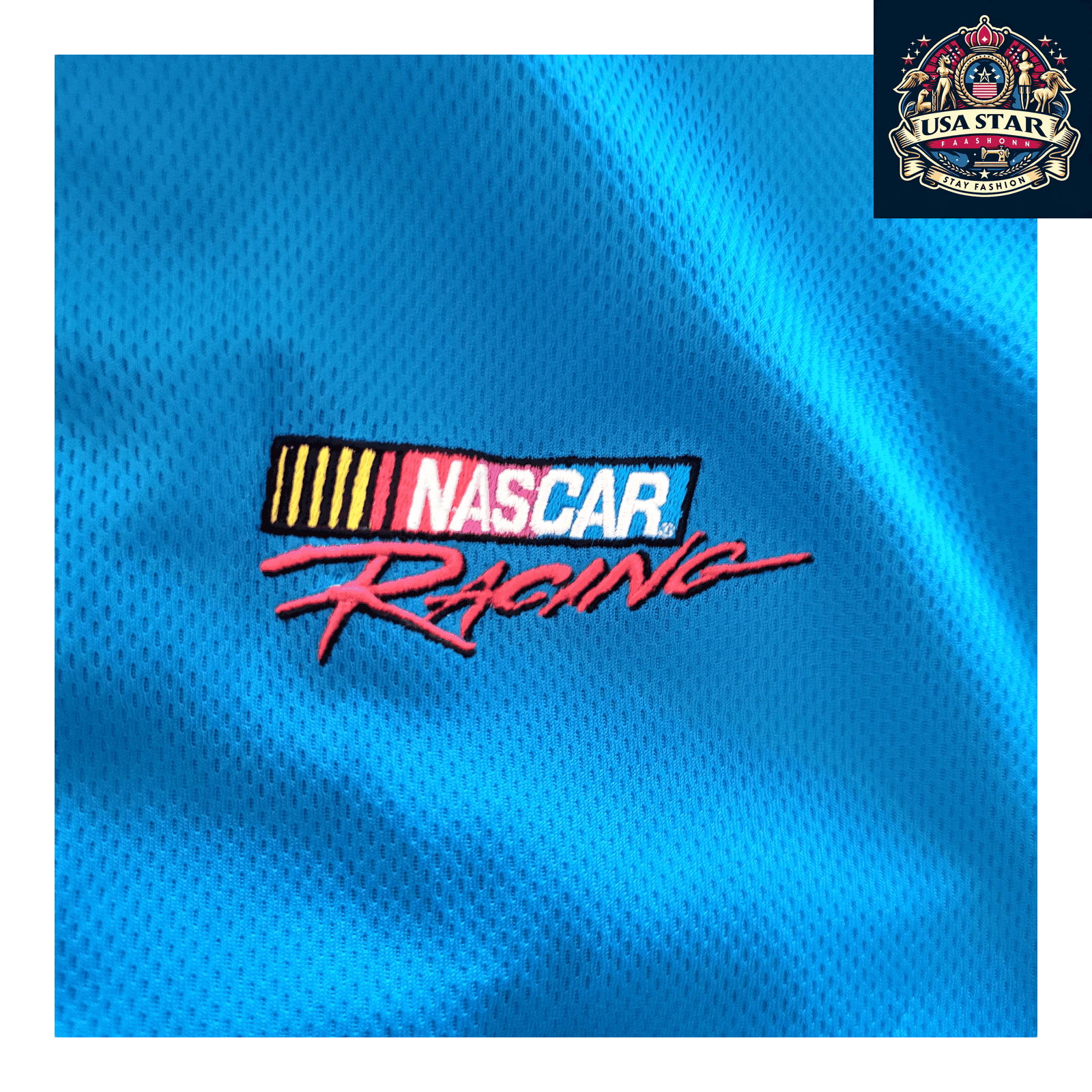 Vintage NASCAR Polo Shirt - Men's Size M, Blue, 100% Polyester, Checkered Flag Design - USASTARFASHION