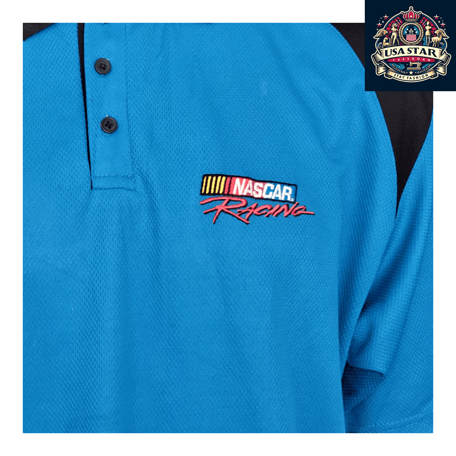 Vintage NASCAR Polo Shirt - Men's Size M, Blue, 100% Polyester, Checkered Flag Design - USASTARFASHION