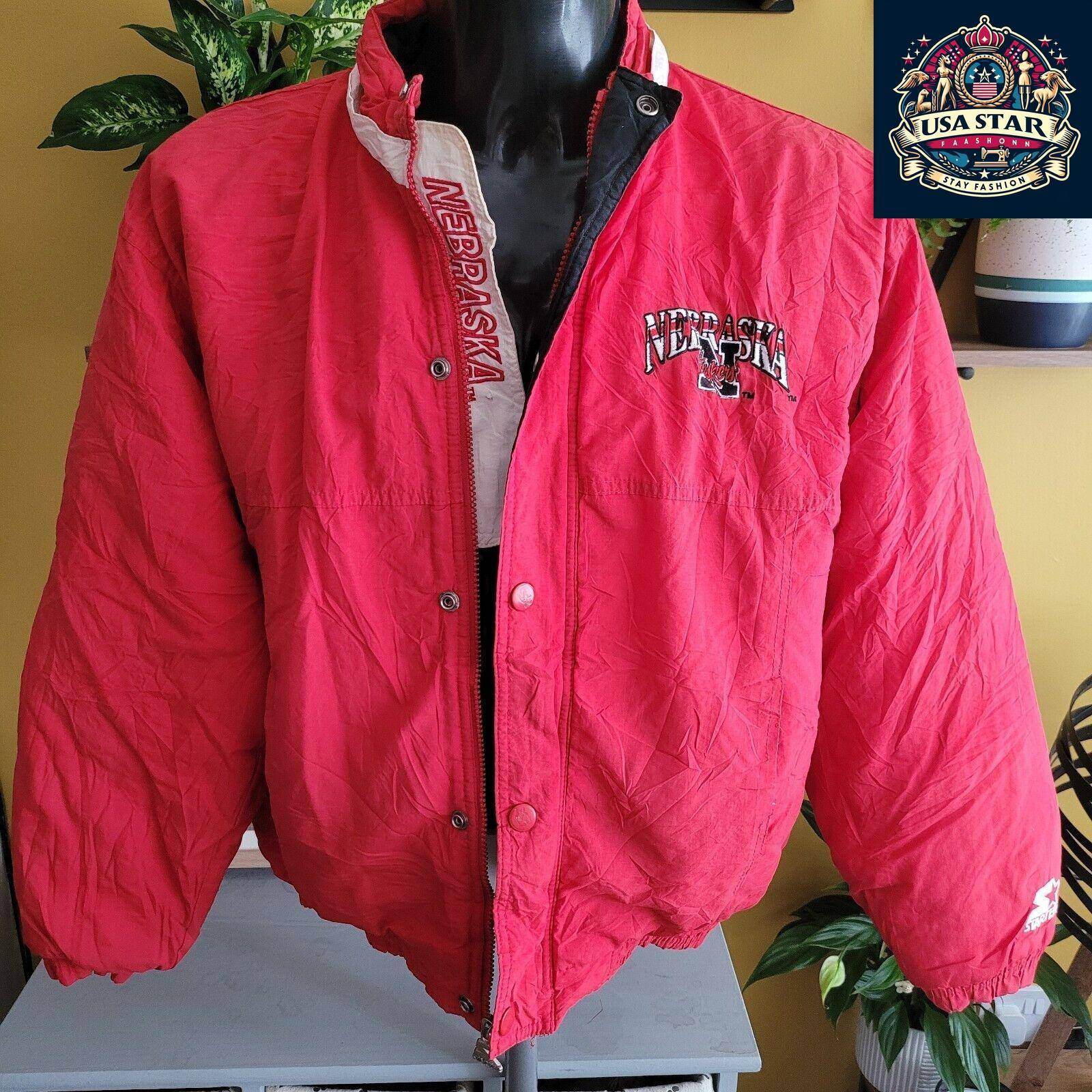 Vintage Red Starter Nebraska Cornhuskers Puffer Zip Snap Coat NCAA Huskers Xl - USASTARFASHION