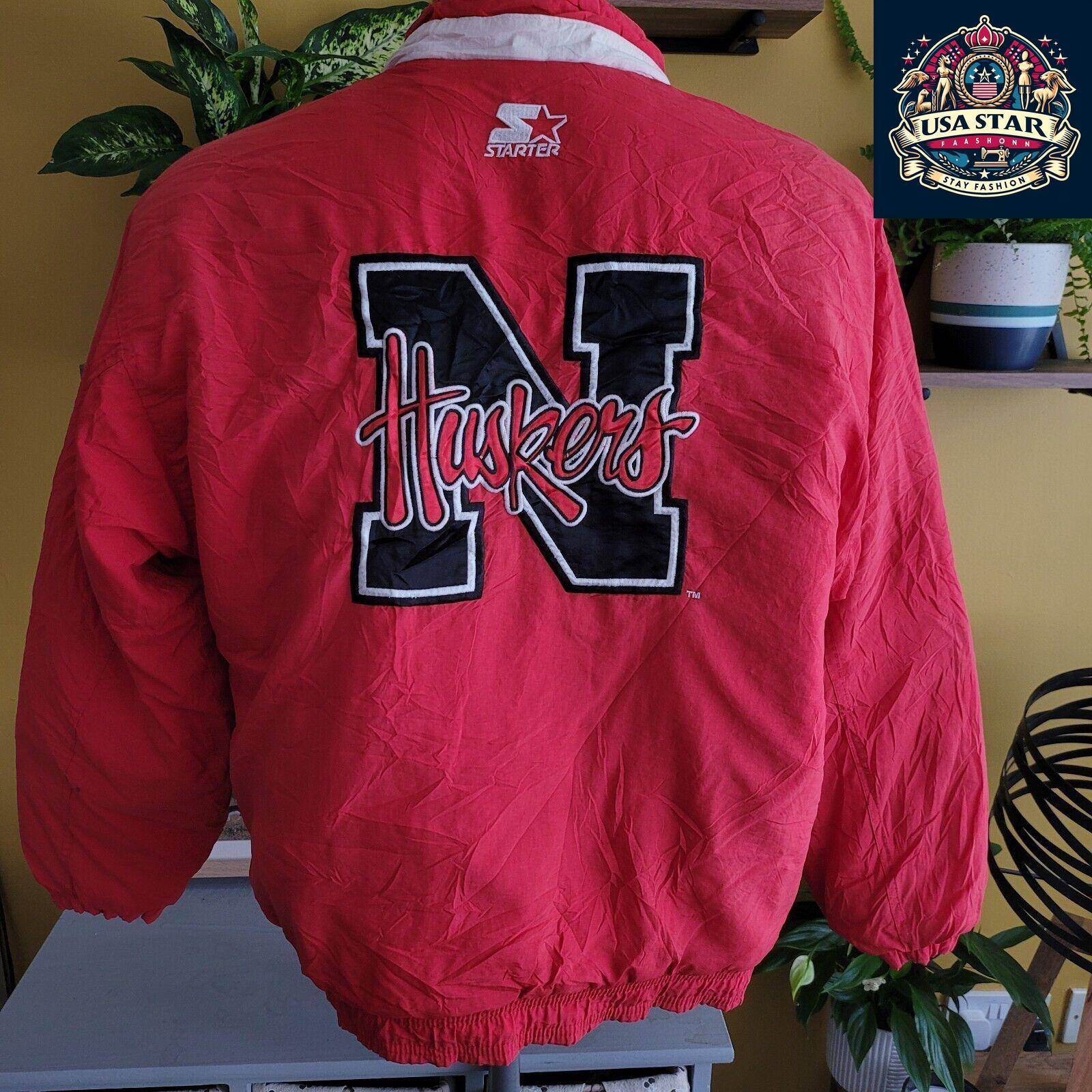 Vintage Red Starter Nebraska Cornhuskers Puffer Zip Snap Coat NCAA Huskers Xl - USASTARFASHION