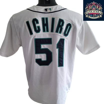 Youths Seattle Mariners Baseball Jersey By Russell Athletic ICHIRO 51 Size M - USASTARFASHION