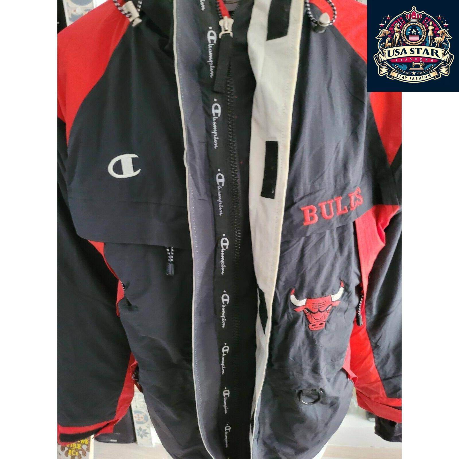 Vintage Champion Chicago Bulls Full - Zip Jacket Size L with Pockets and Embroidered Badges - USASTARFASHION