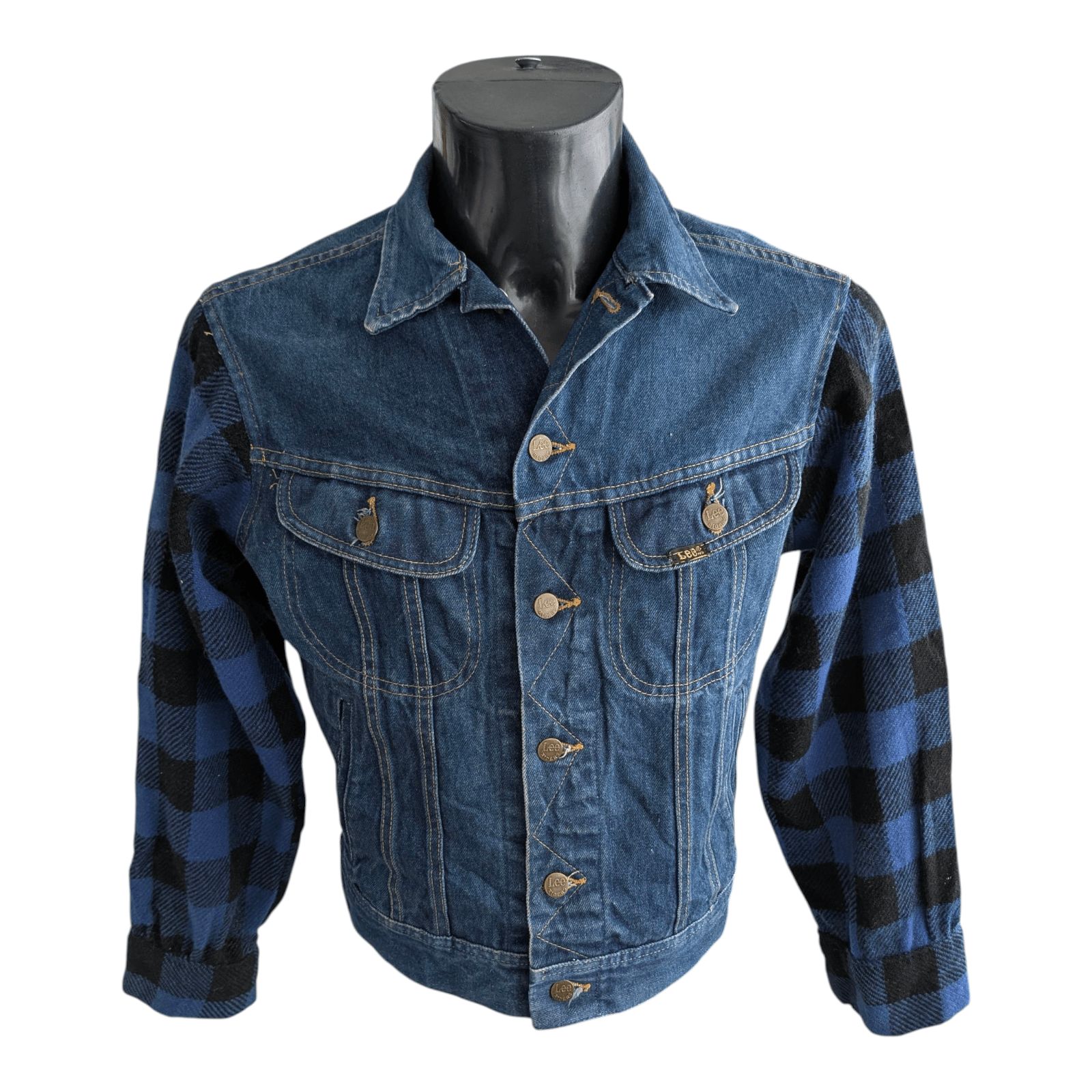 Vintage Lee Denim Jacket Flannel Sleeves Made in USA Blue Jean Workwear 36R - USASTARFASHION