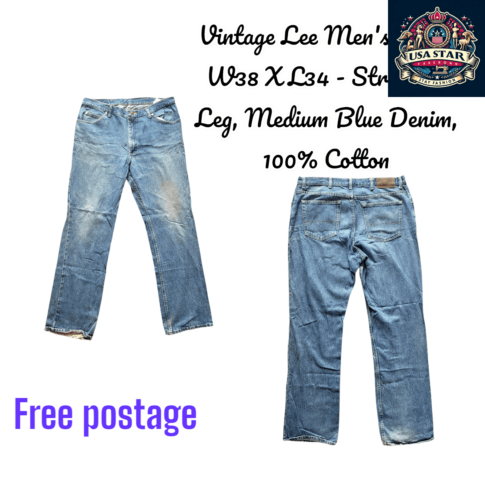 Vintage Lee Men's Jeans W38 X L34 - Straight - Leg Medium Blue Denim, 100% Cotton Comfort - USASTARFASHION