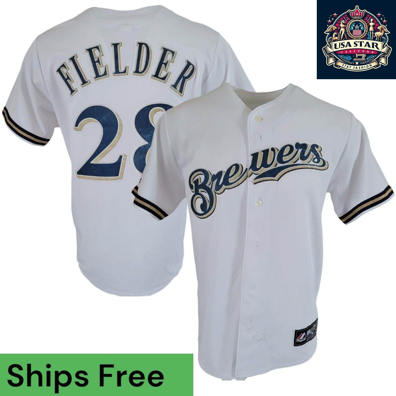 Vintage Majestic Milwaukee Brewers Jersey 28 Fielder Sz M - Authentic Collectible Sports Apparel - USASTARFASHION