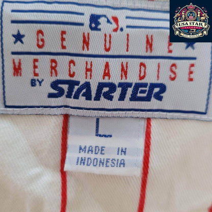 Vintage Starter White Redstriped Texas Rangers Button Up Baseball Jersey MLB SzL - USASTARFASHION