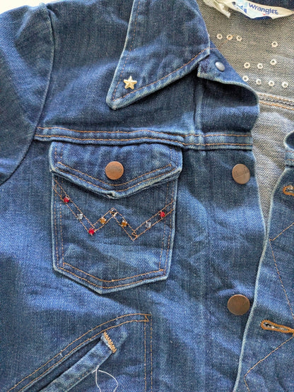 Vintage Wrangler Girls Denim Jacket Kids Large Age 8 - 10 Embellished Stars Blue - USASTARFASHION