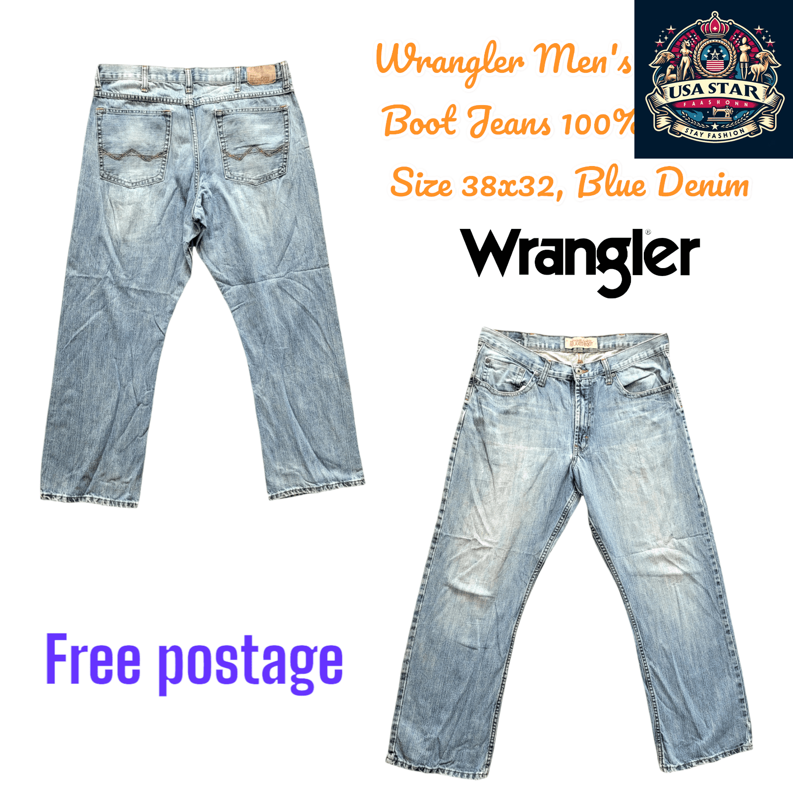 Vintage Wrangler Men's Jeans, Relaxed Boot Cut, 100% Cotton, Size 38x32, Classic Blue Denim - USASTARFASHION