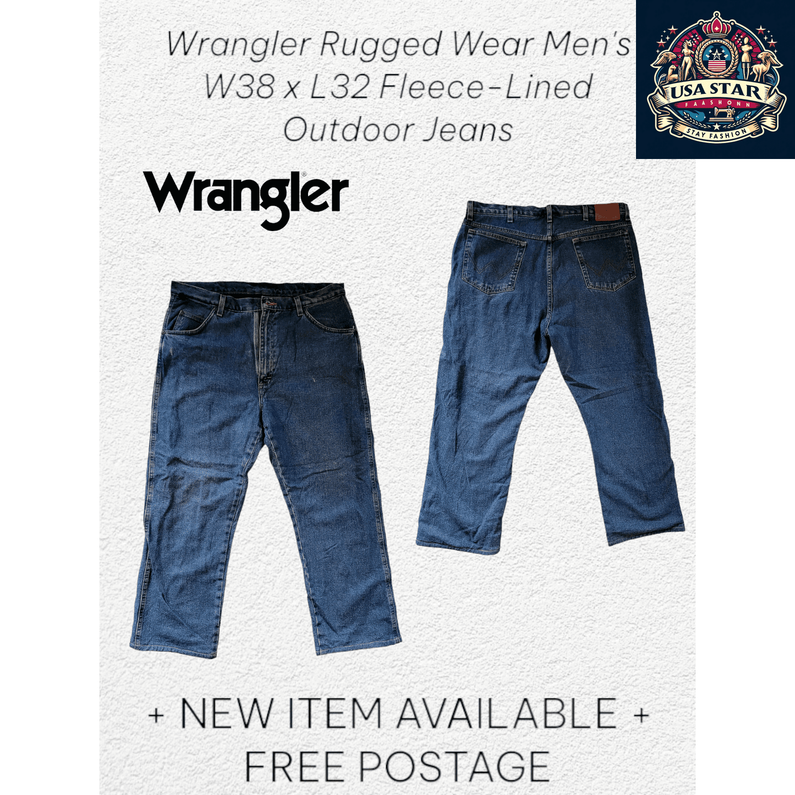 Vintage Wrangler Rugged Wear Jeans W38 x L32 - Fleece - Lined, Durable, Classic Fit for Outdoor Comfort - USASTARFASHION