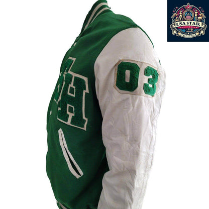 WOOL Vintage Holloway Varsity Jacket S 90s USA Made Green Snap Leather Sleeves - USASTARFASHION