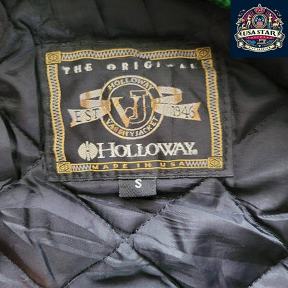 WOOL Vintage Holloway Varsity Jacket S 90s USA Made Green Snap Leather Sleeves - USASTARFASHION